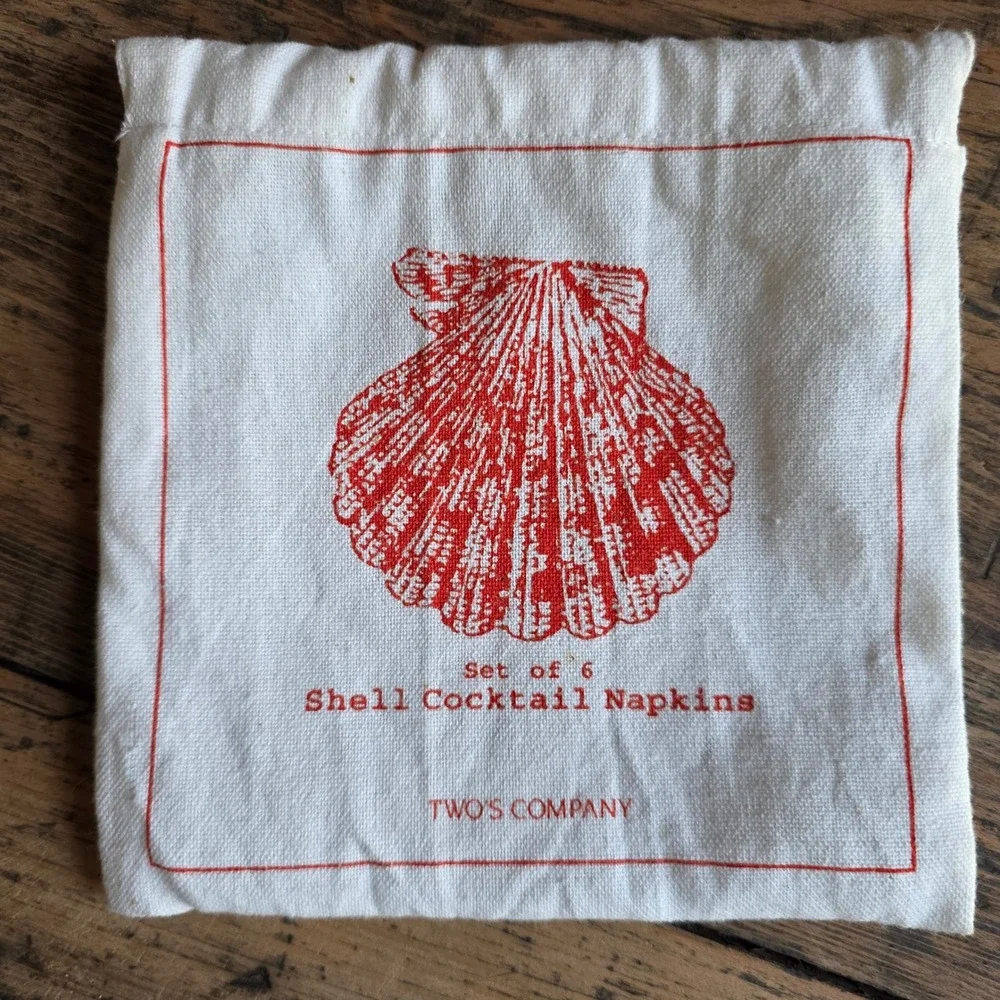 TWOS COMPANY Set 6 Cotton Shell‎ Cocktail Napkins Coastal Beach Entertaining